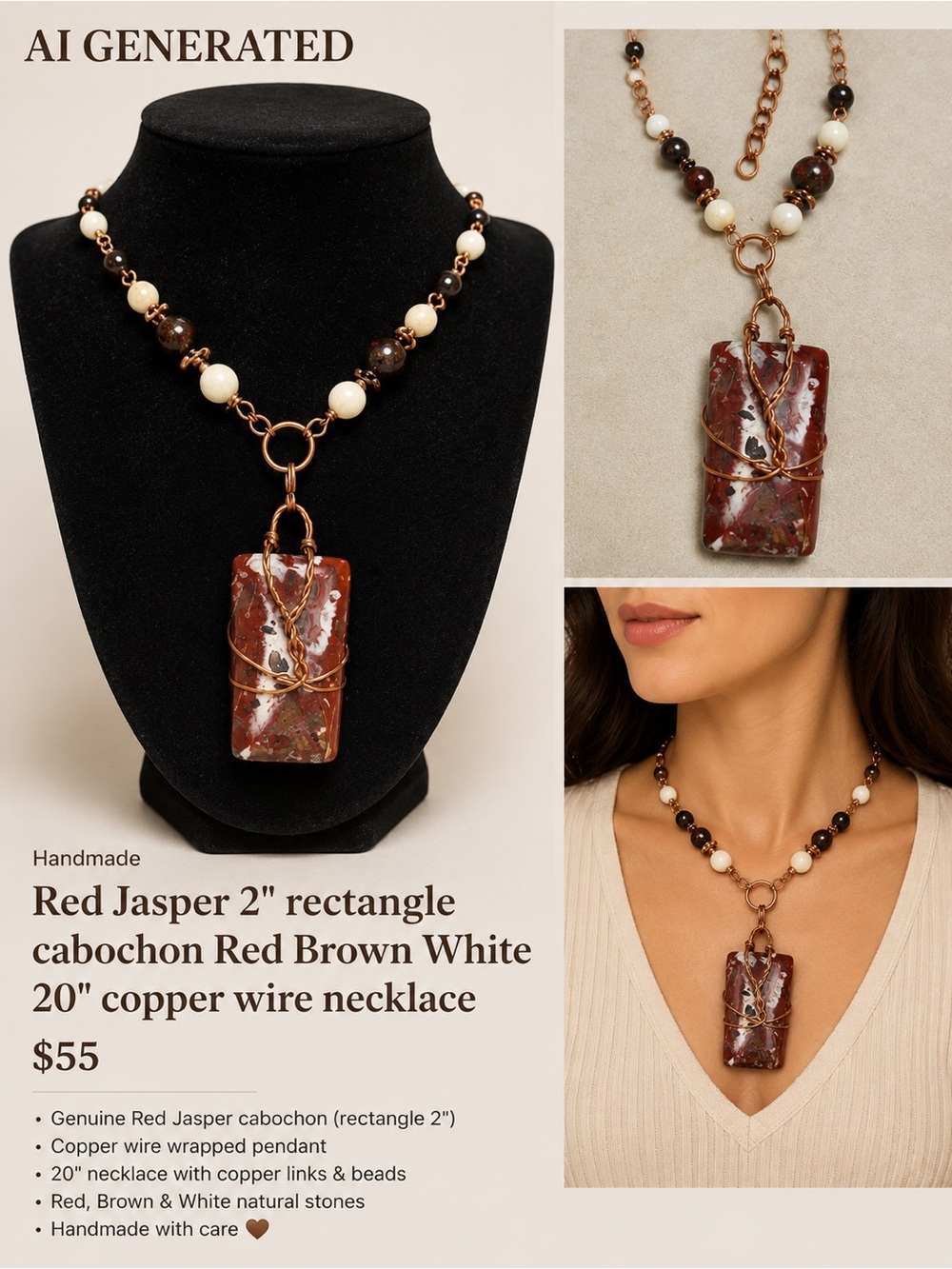 Red Jasper 2" rectangle cabochon Red Brown White 20" copper wire necklace